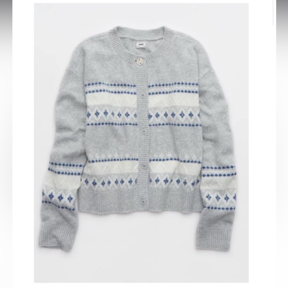 Aerie Fairisle Gray and Blue Patterned Cardigan - Picture 1 of 4